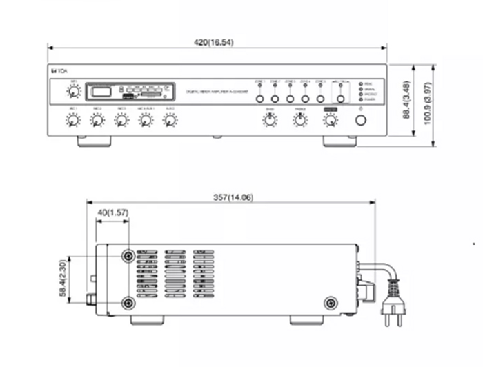 kích thước chi tiết của Tăng âm số liền Mixer với MP3 và Zones A-3224DMZ trên bản vẽ 