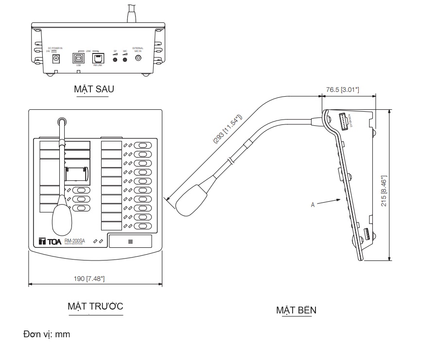 Kích thước của thiết bị TOA RM-200SA
