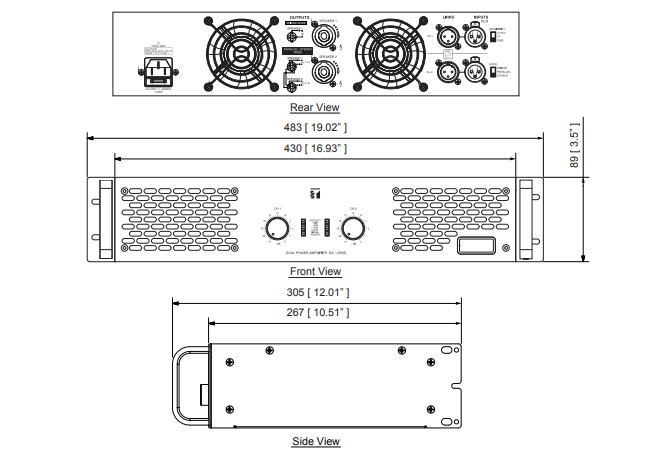 Bản vẽ thiết kế các mặt của tăng Âm Số 2 Kênh 2x1250W DA-1250D 